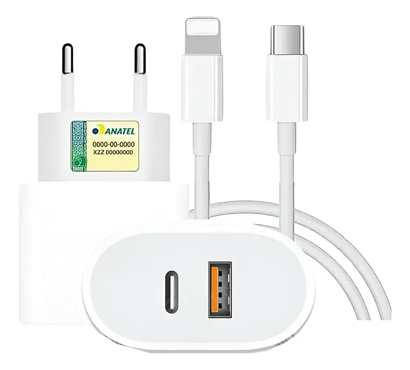 Carregador Turbo 25w Compatível Iphone X Xr 8 11 12 13 14 Plus Pro Max Ipad Duas Entradas Usb E Usb-c Tipo C Com Cabo Tipo C Lightning Carga Rápida Tecnologia Power Duo
