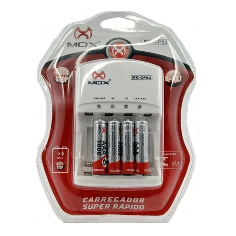 Carregador Mox Com 4 Pilhas Aaa 1000 Mah Recarregáveis Cp52