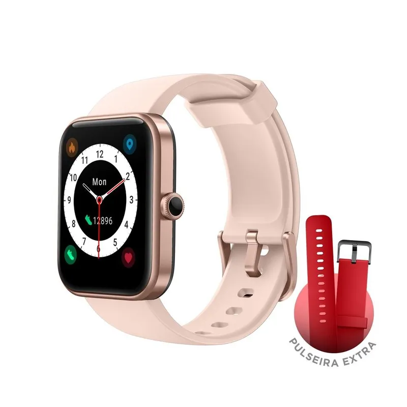 SmartWatch KaBuM! smart 700, Rosé, Pulseira Extra Vermelho, Compatível IoT Alexa - KBSAC021