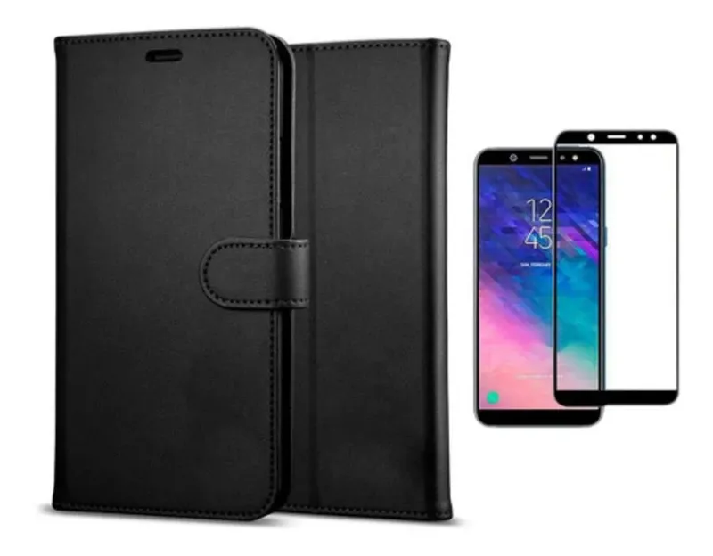 Kit Capa Carteira + Película 3d De Vidro Para Samsung Galaxy J6 2018 Cor Preto