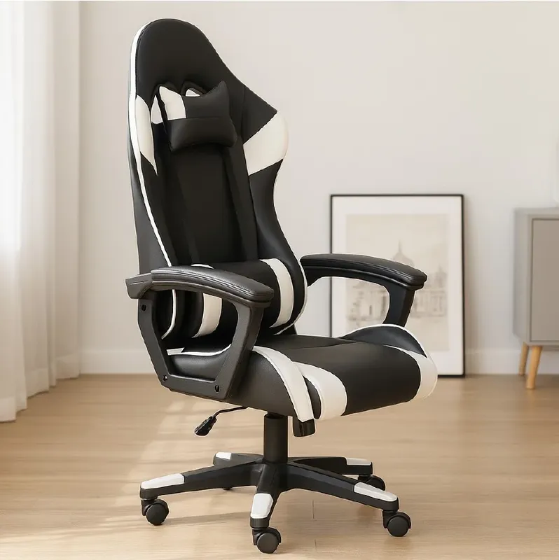 Cadeira Gamer C7 Neo Ergonômica com Almofadas de Cabeça e Lombar, Design Resistente - Preta e Branca - Preta