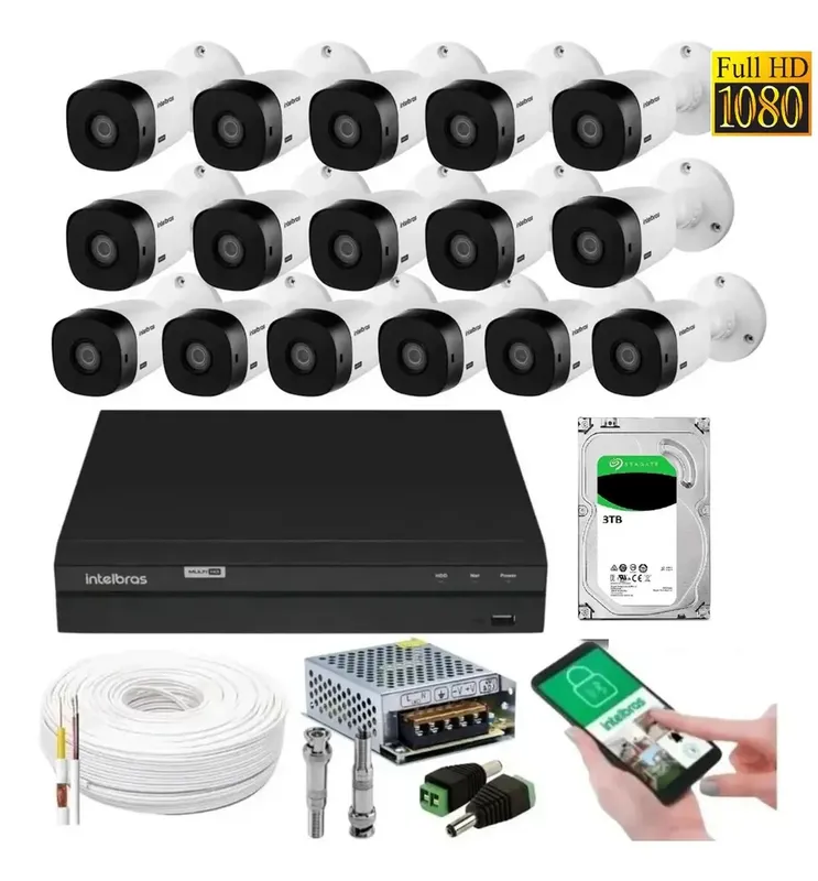 Kit 16 Câmeras Multi HD Intelbras 1220b, 1080p, 2mp + Dvr 16 Canais + HD 3TB