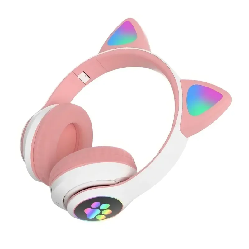 Fone Bluetooth Orelha Gatinho LED Infantil Ajustavel Rosa
