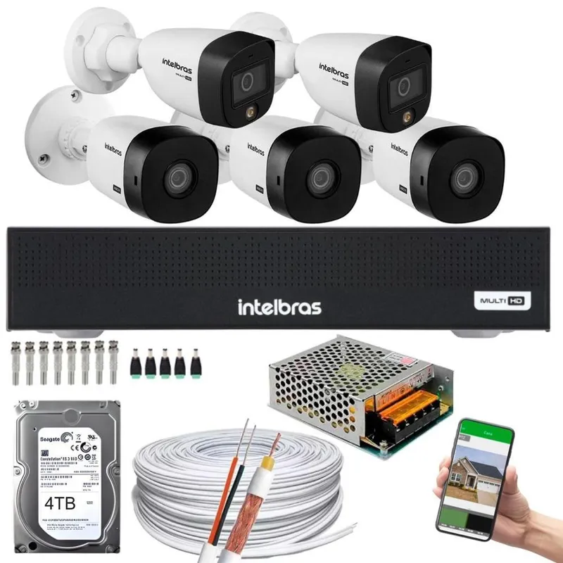 Kit 5 Câmeras Intelbras 2 Cam Full Color 2 Cam 1220b Full Hd Dvr Mhdx 1008-c C/hd 4TB
