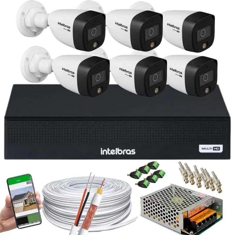 Kit Intelbras, 6 Câmeras VHD 1220B Full Color, Bullet FULL HD 1080p + DVR Mhdx 3008-c, Multi HD IR