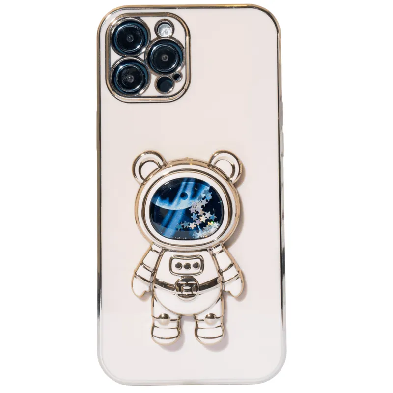 Capa Com Suporte De Astronauta Galvanizado Compatível Com Iphone Modelo:14 Pro;cor:dourado