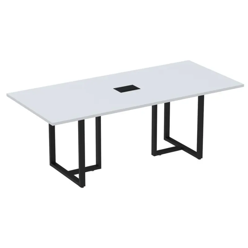 Mesa De Reunião Com Caixa De Tomada 200 X 90 Cm Pé Tubular Pe40 Em Mdp Noce Naturalle Base Preta