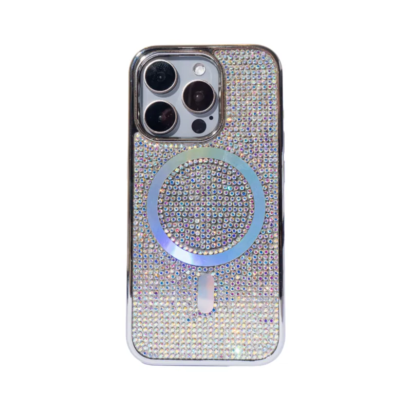 Capa Magsafe Galvanizada Com Diamante Compatível Iphone Cor:prata;modelo:ip 14 Pro