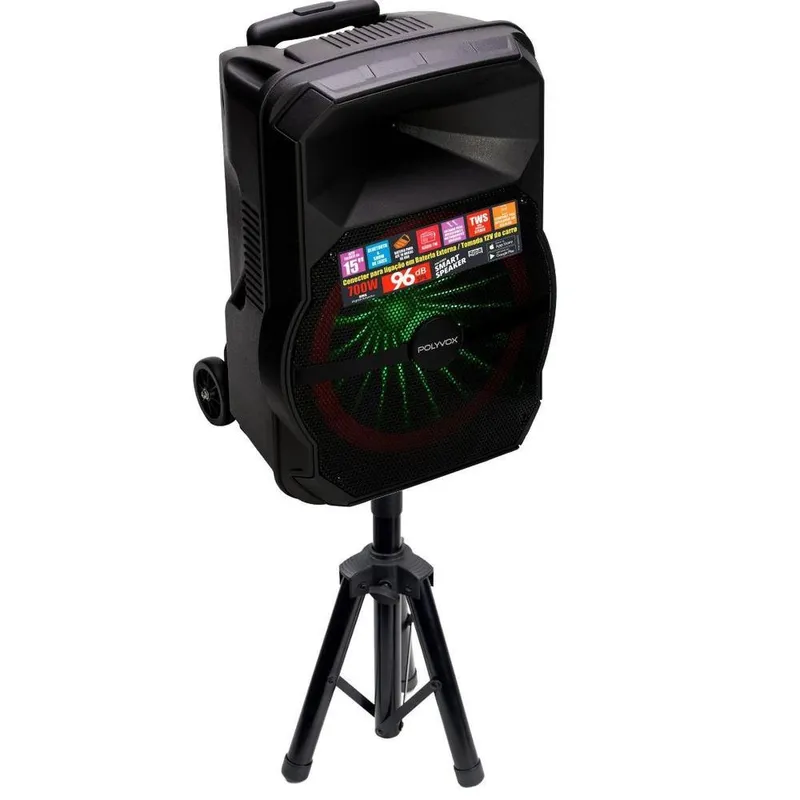 Caixa de Som Amplificada Xc-715t Polyvox, Bluetooth, USB, 700w, 10h Bateria + Pedestal Tripé