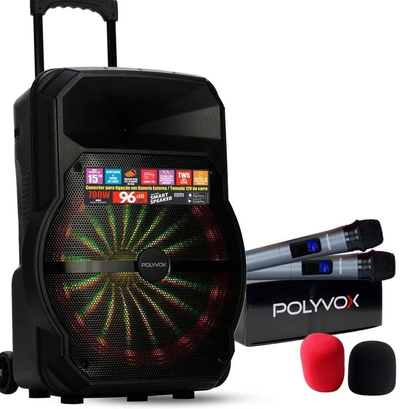 Caixa de Som Amplificada Xc-715 Polyvox, Bluetooth, USB, 700w + 2 Microfones Sem Fio Polyvox