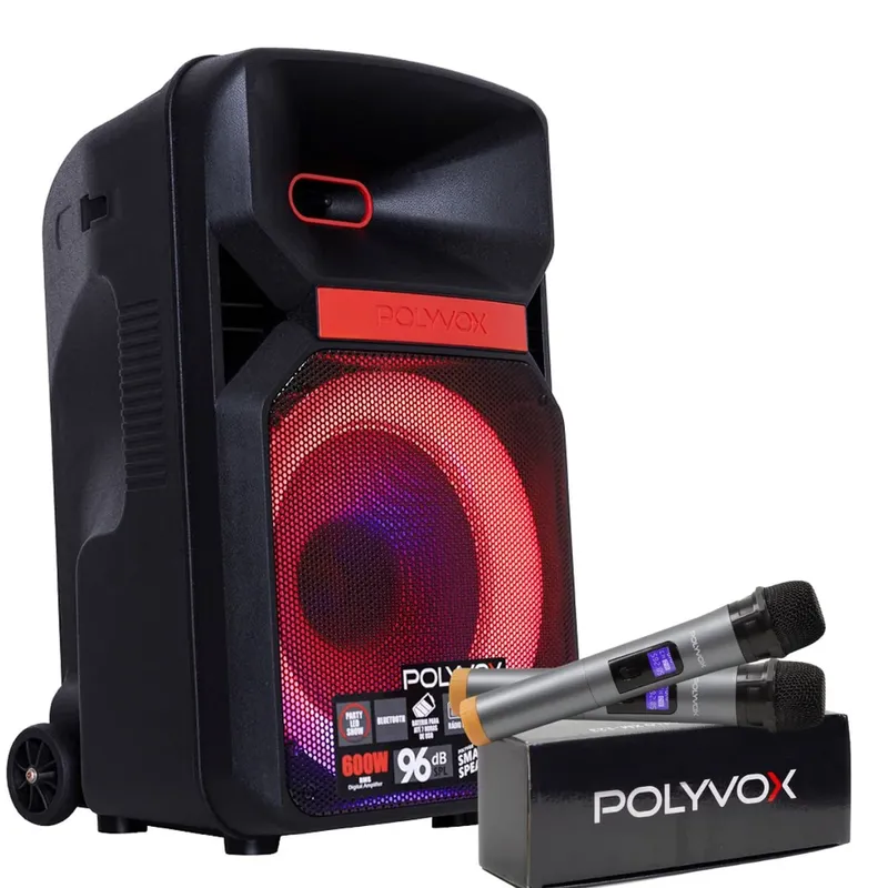 Caixa De Som Xc-812t Polyvox Bluetooth 600w + 2 Mic Sem Fio