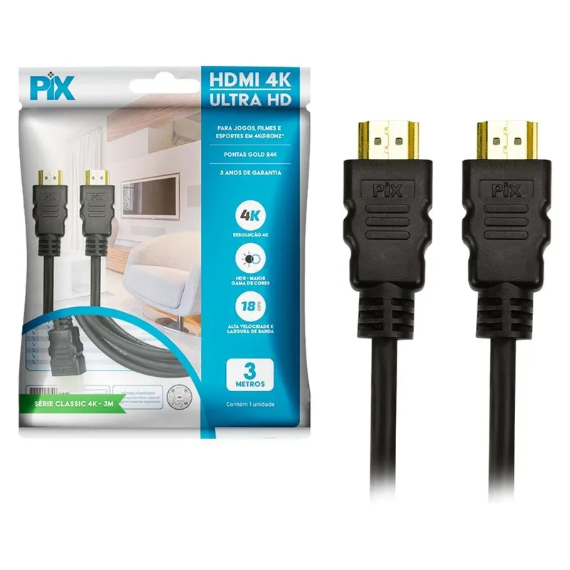 Cabo HDMI 2.0 4K PIX, 2 Metros, 19 Pinos, Plug 90 Graus - 018-3322