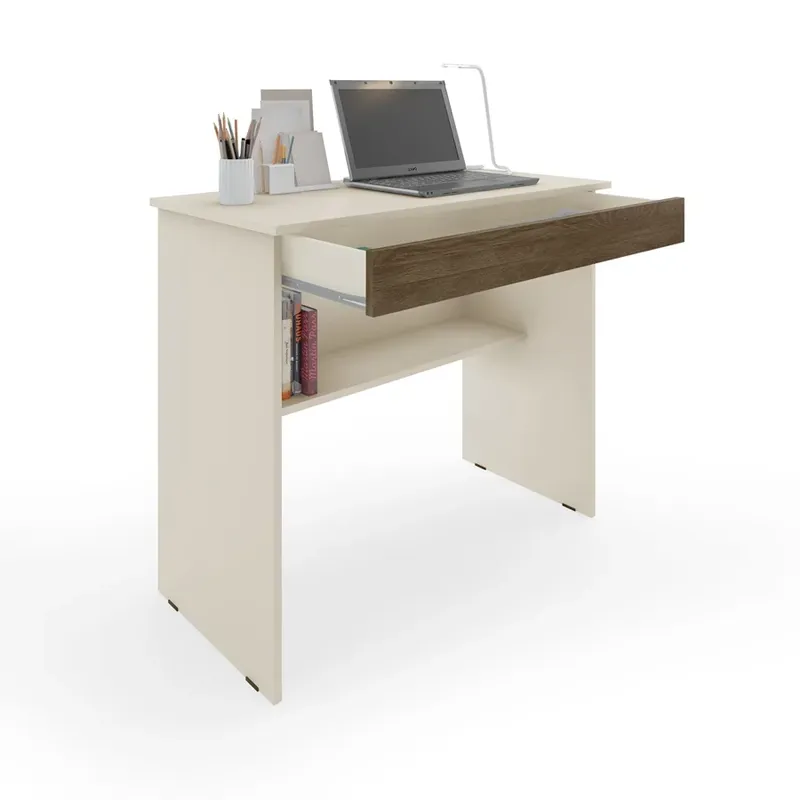 Escrivaninha Home Office Leve E Compacta Com 1 Gaveta E Prateleira Para Organização Cor Off White Com Canela