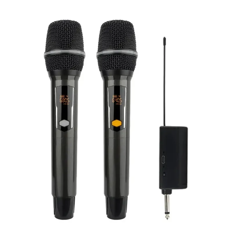 Kit 2 Microfones Vhf Sem Fio Até 80m Recarregável Frequência Ajustável