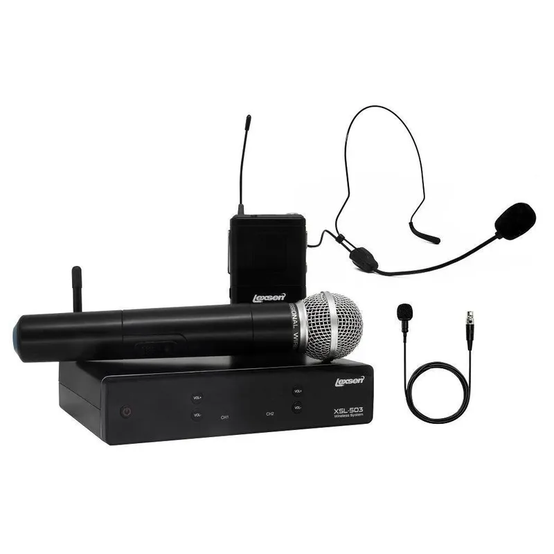Microfone Sem Fio Dinâmico Lexsen XSL-503 UHF, Com Bastão, Bodypack, Lapela E Auricular, Preto
