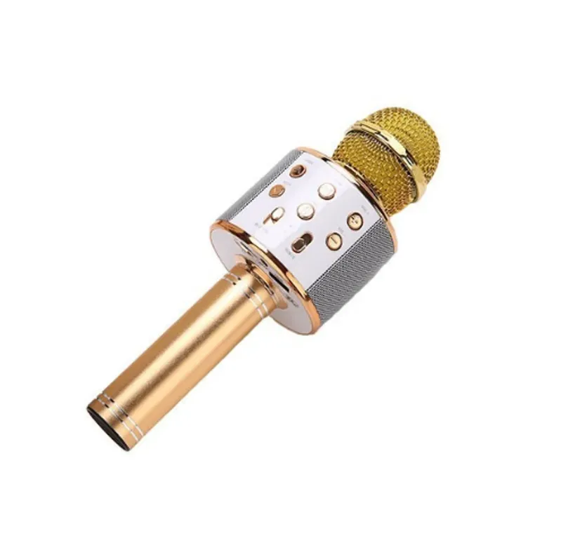 Microfone Sem Fio Karaoke Bluetooth Alto Falante Embutido Usb Cor Dourado