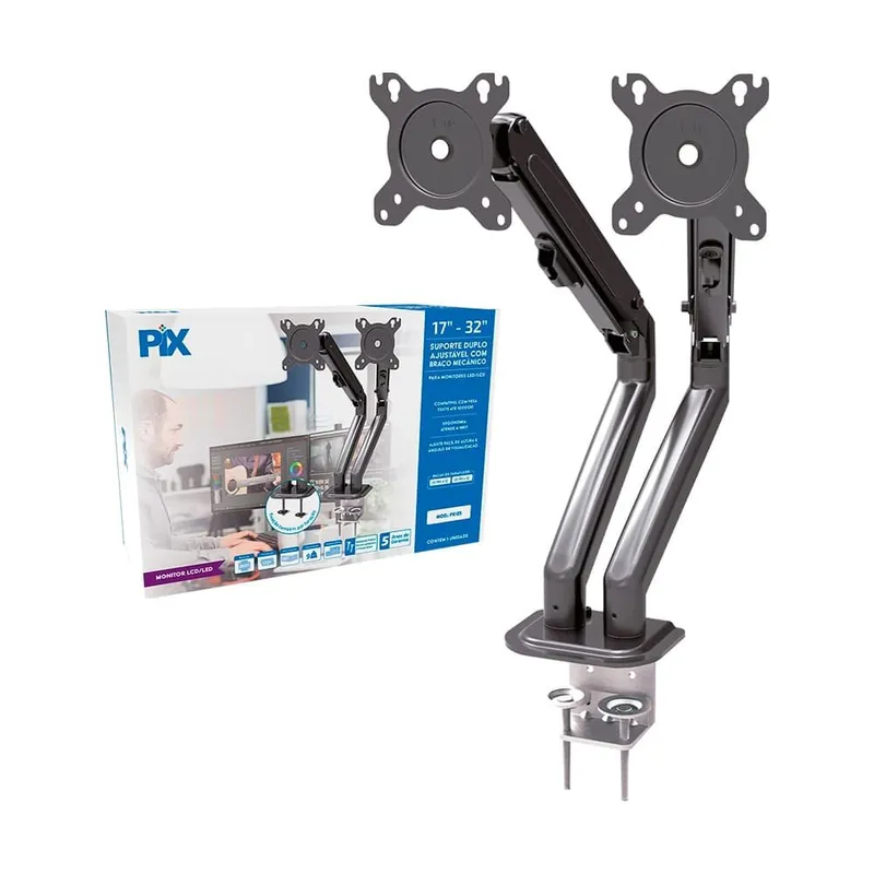 Suporte para 2 Monitores 17" a 32" PIX, Braço Mecânico, Ajustável, Morsa, Preto - PX-25