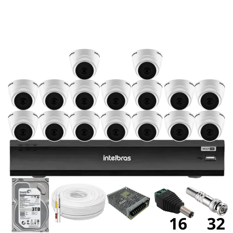 Kit 16 Câmeras Intelbras 1220 D Mic 1080p Com Microfone Dvr Intelbras Imhdx 3132 Inteligência Artificial Hd 3TB