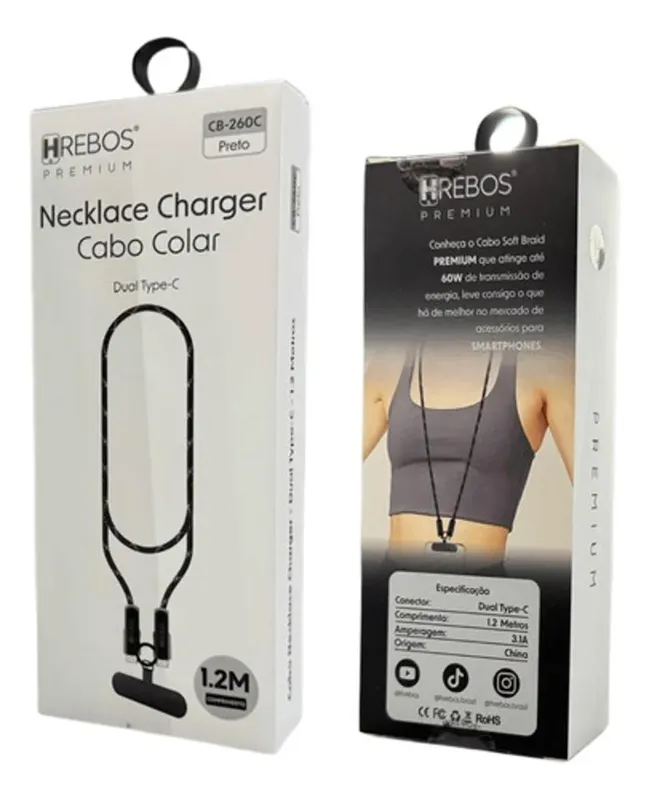 Cordão De Pescoço Carregador Dual Type-c Para Celular 1.2m