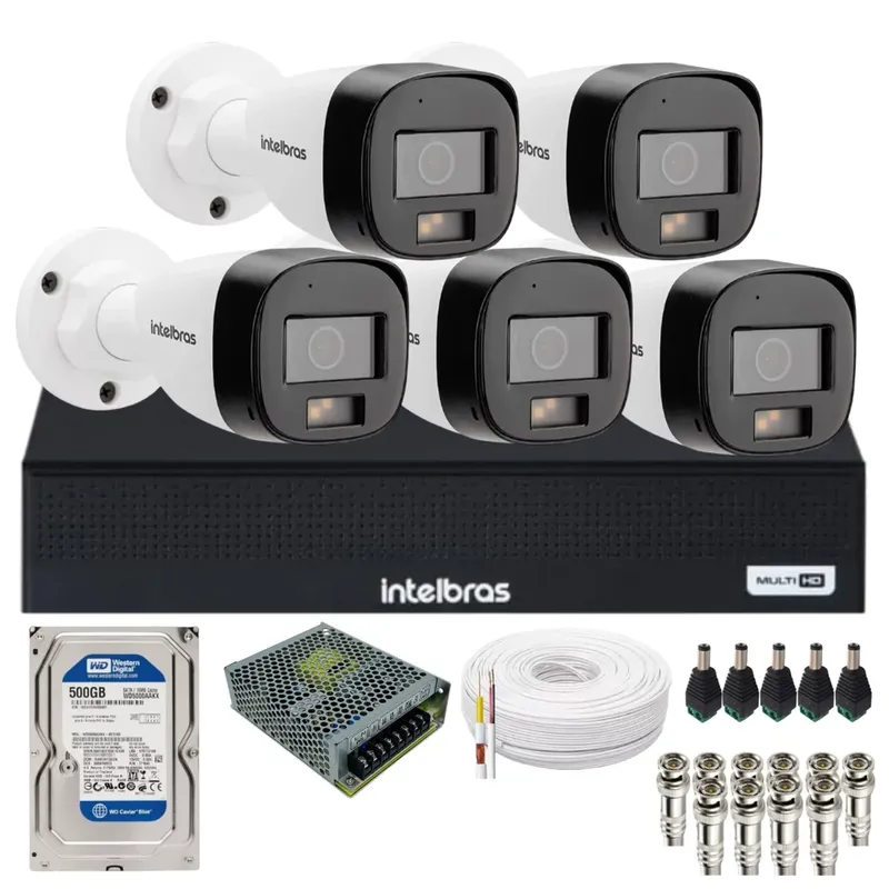Kit 5 Câmeras Intelbras Vhd 3220 B Full Color Com Áudio Dvr Intelbras 08 Canais 1108-c Com Hd 500gb Instalado.