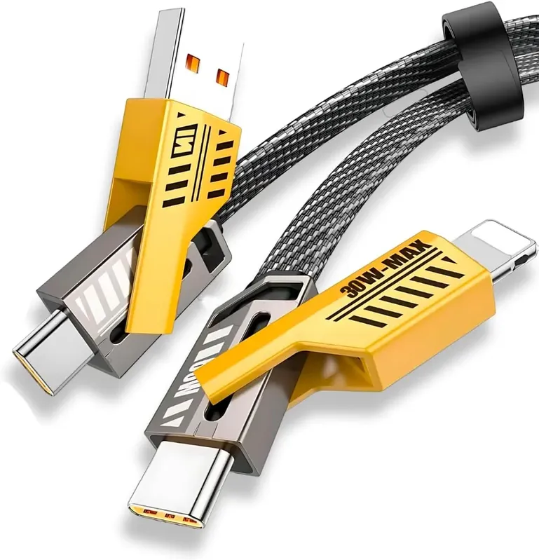 Cabo 4 Em 1 Reforçado 65w Turbo Com Conectores Lightning, Tipo-c E Usb-a | Compatível Com Iphone, Android, Ipad, Macbook, Tablet E Notebook | 1 Metro | Nylon Trançado | Carregamento Rápido