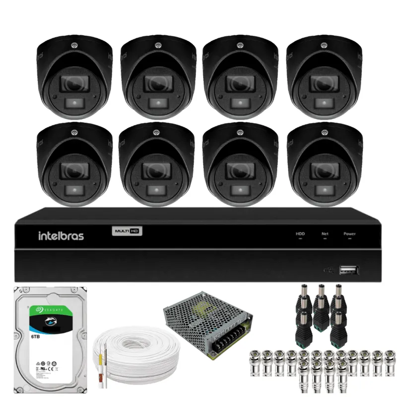Kit 8 Câmeras Bullet 3220d Mini Black Com Áudio Dvr Intelbras 1216-c Mhdx Com Acesso Remoto Hd 6tb