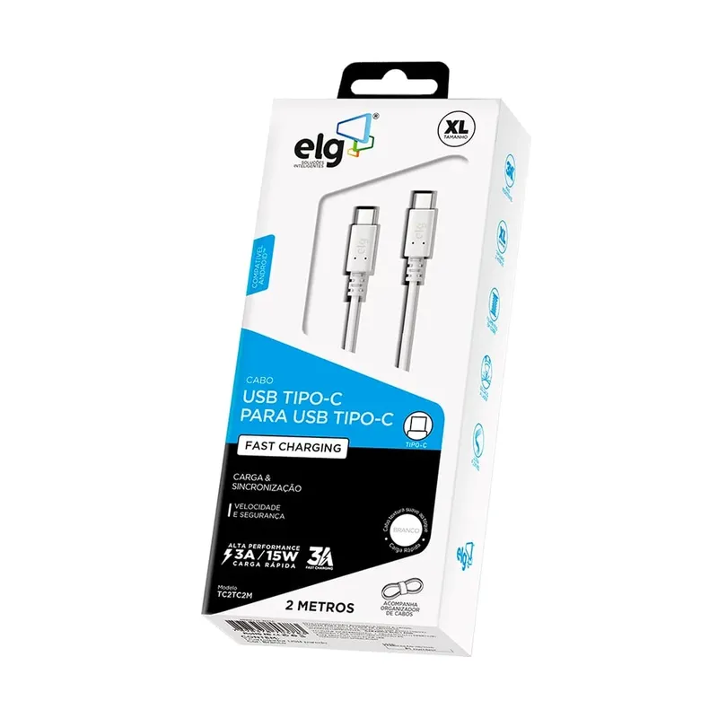 Cabo Usb Tipo-c Para Usb Tipo-c, Carga Rápida 15w 3a, 2 Metros, Branco, Tc2tc2m, Elg