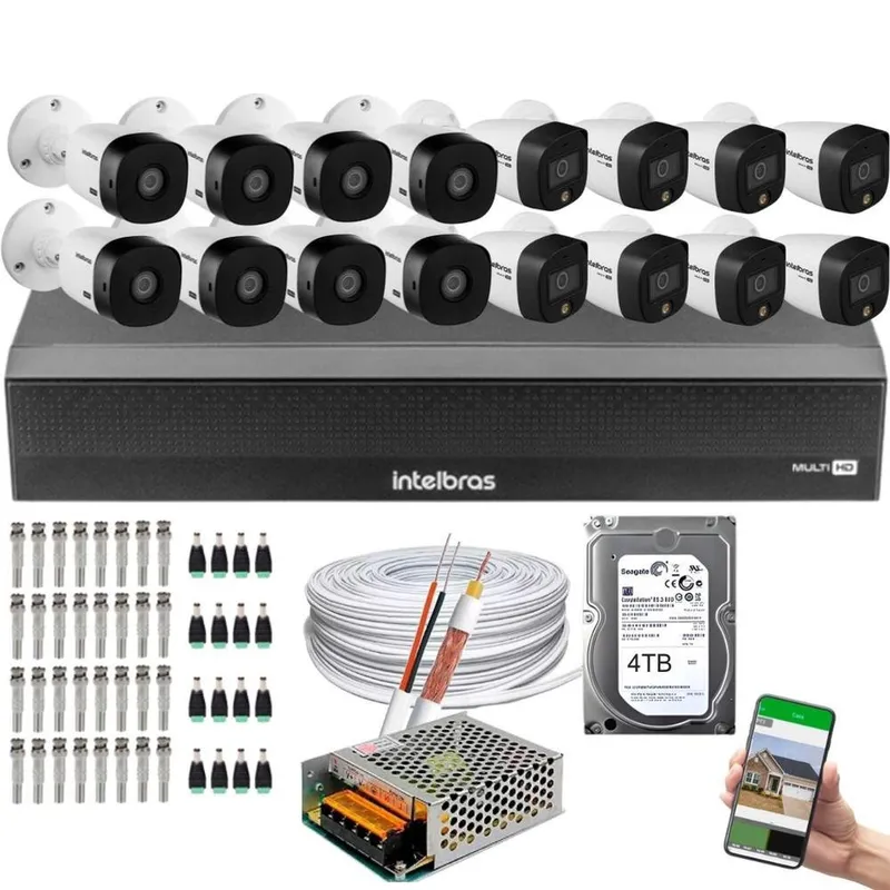 Kit Intelbras, 16 Câmeras 8 Câmeras FULL Color, 8 Câmeras 1220B FULL HD + DVR Mhdx 3116-c, HD 4TB