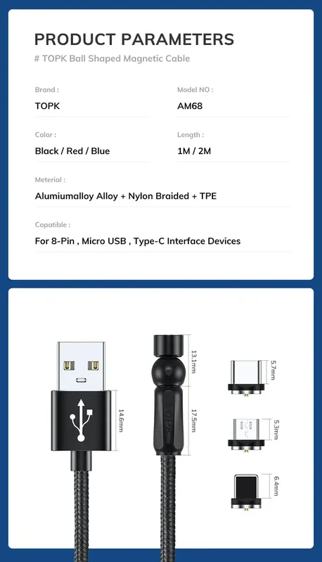 Cabo Usb Magnético Tipo C Topk Am68 Preto 1m Para Micro Usb