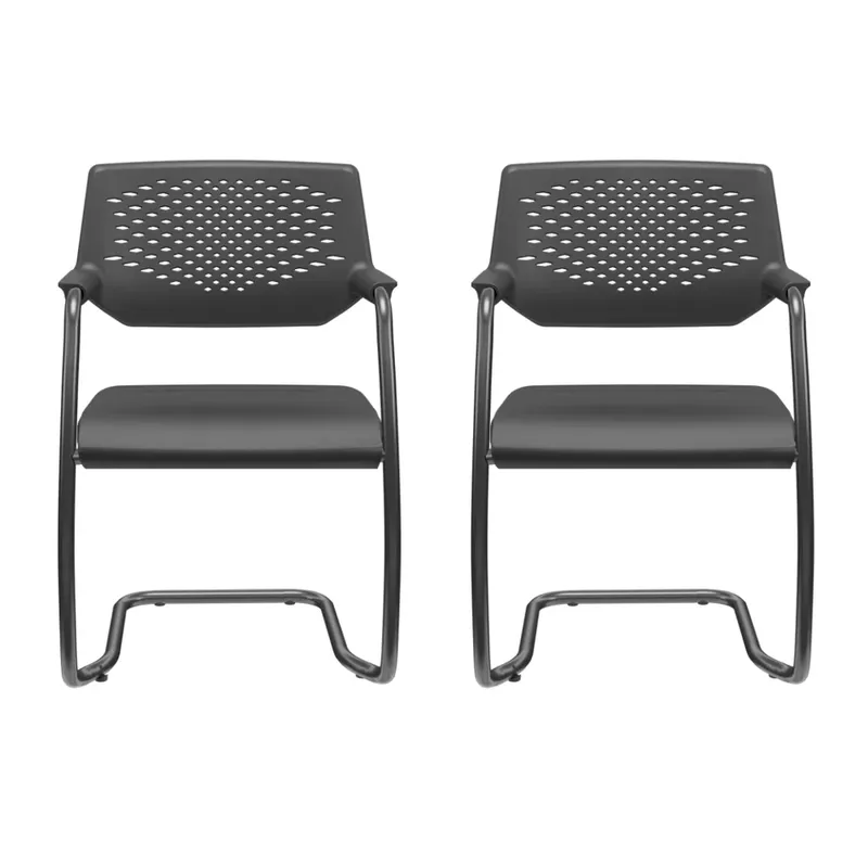 Cadeira Interlocutor Fixa Piena Plaxmetal Couro Eco Preta - Kit 2