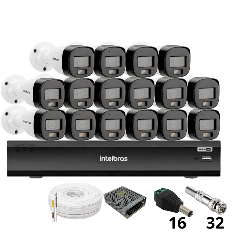 Kit 16 Câmeras Intelbras 3220b Full Color Com Áudio Dvr Intelbras Imhdx 3132 Inteligência Artificial Sem Hd