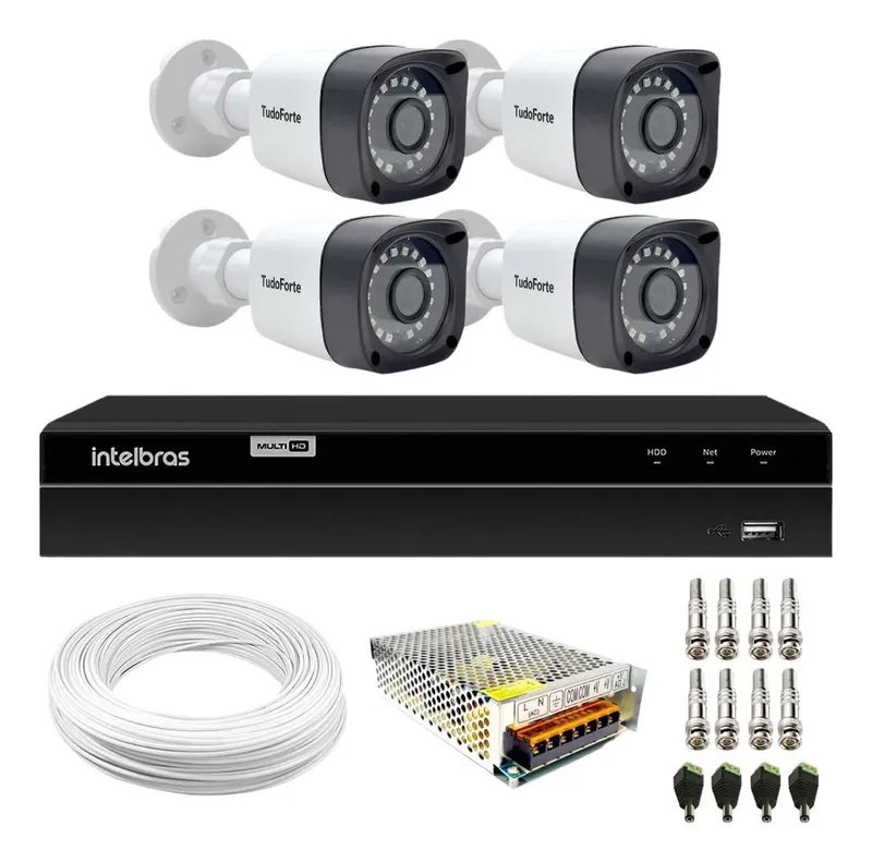 Kit 2 Câmeras Full Hd 1080p Bullet Tudo Forte + Dvr Gravador De Video Intelbras Mhdx 1204 4 Canais