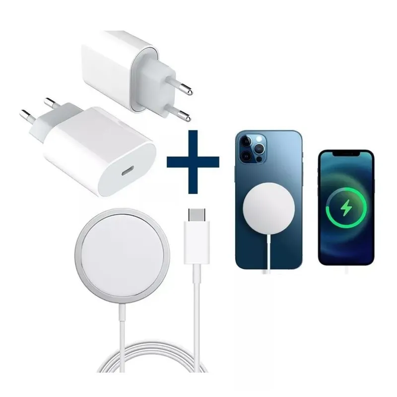 Kit Carregador Magnético Sem Fio + Carregador Usb-c 20w Compatível Iphone 11 12 13 14 15 Pro Max Mag-safe 15w Com Imã