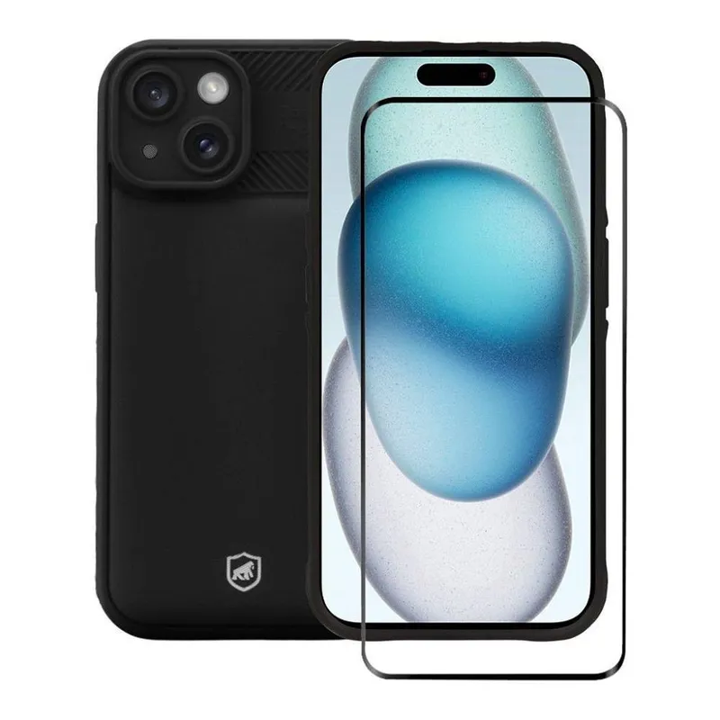 Kit Capa Symetric Preta E Pelicula Ultra Glass Preta Para Iphone 15 Pro Max - Gshield