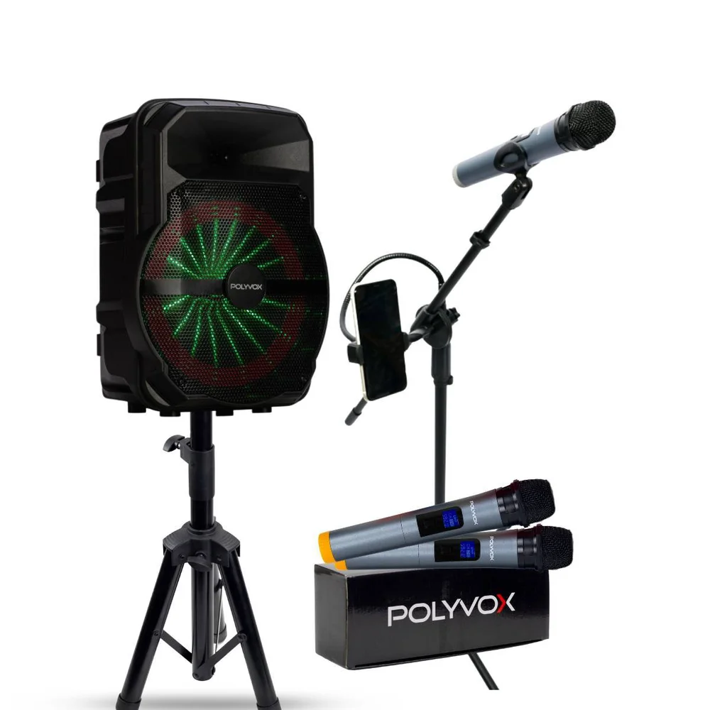 Kit Show Polyvox Caixa de Som 10" + Tripés + Mic Sem Fio
