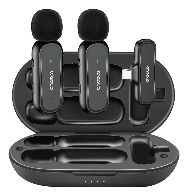 Microfone Lapela Duplo Sem Fio Profissional Tipo C Celular Preto