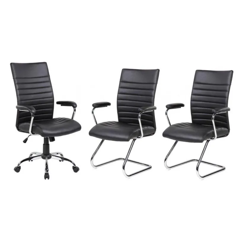 Conjunto Com 1 Cadeira Presidente E 2 Cadeiras Interlocutores Em Couro Pu Pel-9023h/v Pretas