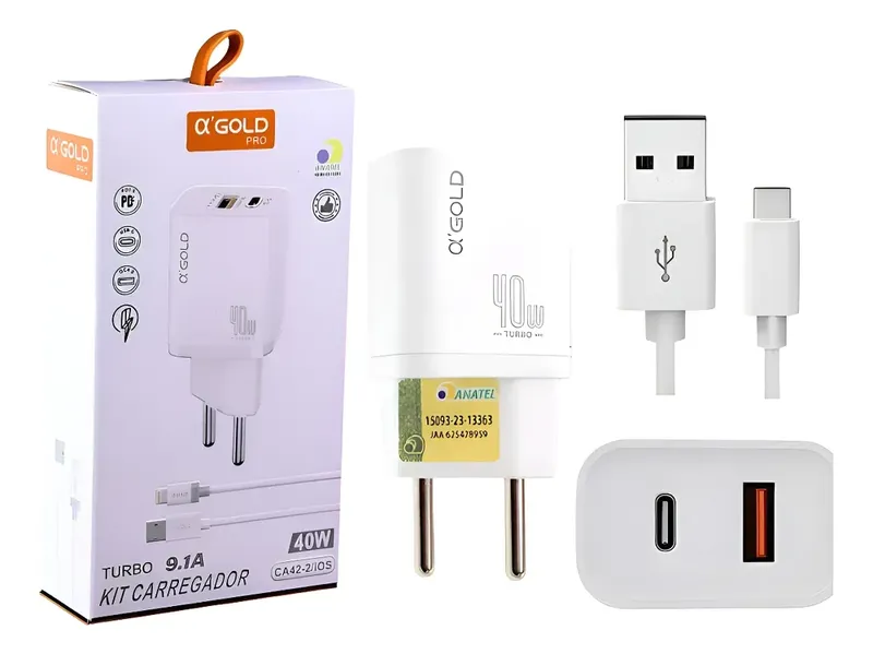 Fonte Agold C/ Cabo Lightning - Entrada Usb + Tipo C Ca42-2
