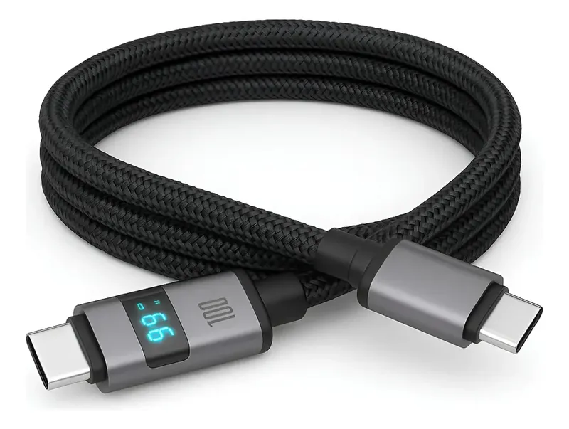 Cabo Carregador Rápido, 100W, Turbo USB-C, Display LED, para iPhone 15/16/17, Samsung, Xiaomi - Nylon Trançado Preto