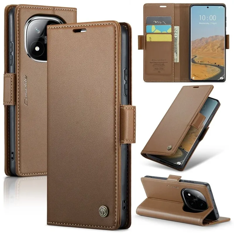 Capa Carteira Com Compartimentos para Cartão de Crédito, Dinheiro, Documentos com Fechamento Magnético para o Redmi Note 14 Pro 5G - Cor: Marrom