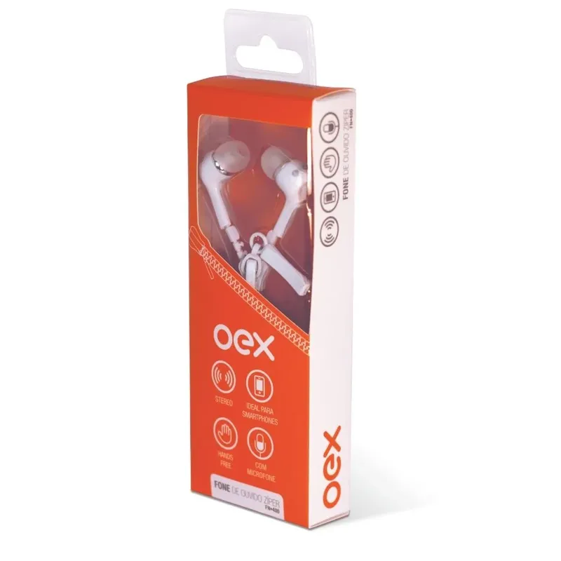 Fone De Ouvido Oex Zíper Fn400 Intra Auricular Com Microfone, Branco