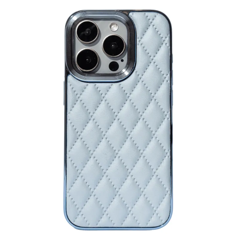 Capa De Couro Com Moldura De Metal Compatível Com Iphone Cor:azul Claro;modelo:14