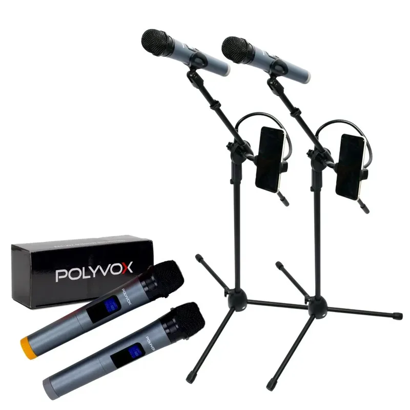 Kit Polyvox Par Microfone Sem Fio, + 2 Pedestais/Tripés, Para Microfone, Com Suporte Para Celular