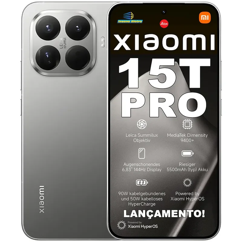 Smartphone Xiaomi 15T Pro / 512GB / 12GB RAM / 5G / Dual SIM / NFC / Tela AMOLED 6,83" 1,5H 144Hz / HyperCharge 90W Com Fio e 50W Sem Fio / Bateria 5.500 mAh / Câmera Tripla 50 MP Leica / Proteção Água e Poeira IP68 / Global - Cinza (Gray)