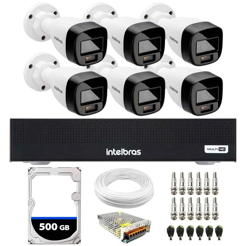 Kit 6 Câmeras Interno/Externo Intelbras VHD 1220 B, HD 500GB, G7 FULL Color Bullet, FULL HD 1080PM, Multi HD IR 20M, DVR Gravador De Vídeo MHDX 3008-C