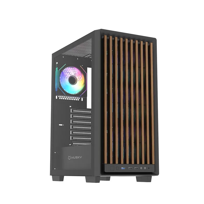 Gabinete Gamer Husky Dome 600, Mid Tower, ATX, Lateral em Vidro, Frontal em Madeira Ripada, Com 4 Fans ARGB, Preto - HGN600PT