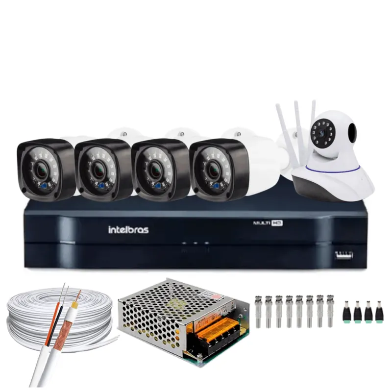 Kit Dvr Intelbras, 4 Canais H.265, 4 Câmeras Hd, 20 Metros + 1 Câmeras Ip, C/audio Acesso Via Dvr