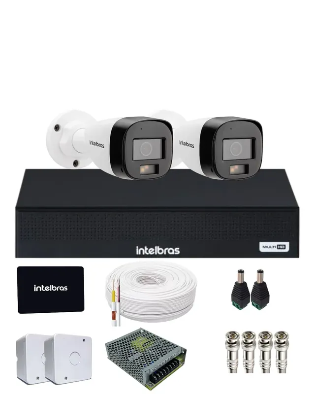 Kit 2 Câmeras Intelbras 3220b Full Color Com Áudio Dvr Mhdx 4 Canais Intelbars Com SSD 512gb.