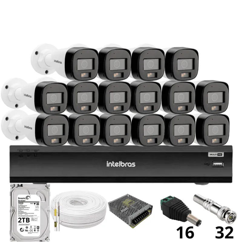 Kit 16 Câmeras Intelbras 3220b Full Color Com Áudio Dvr Intelbras Imhdx 3132 Inteligência Artificial Hd 2TB