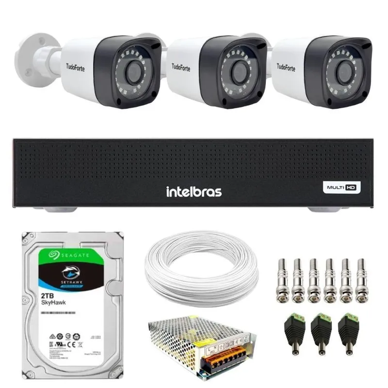 Kit 3 Câmeras Tudo Forte Tf 2020 B Full Hd 1080p Bullet Com Visão Noturna 20m Proteção Ip66 + Dvr Gravador Intelbras Mhdx 1104-c 4 Canais + Hd 2TB Sky
